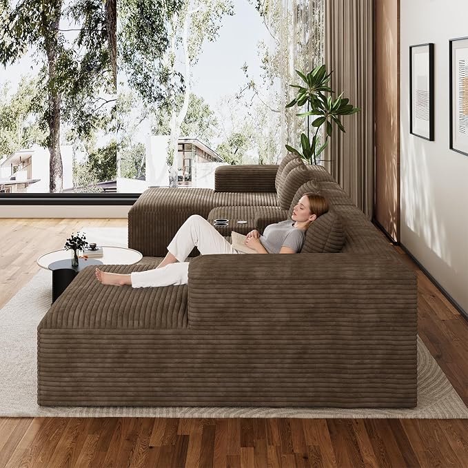143" Oversized U Shaped Cloud Sectional Couches for Living Room, Comfy Fluffy Corduroy Light Brown Boneless Couch, Large Modular Sectional Sofa Set with Chaise, Cup Holder, USB Port, Storage Console