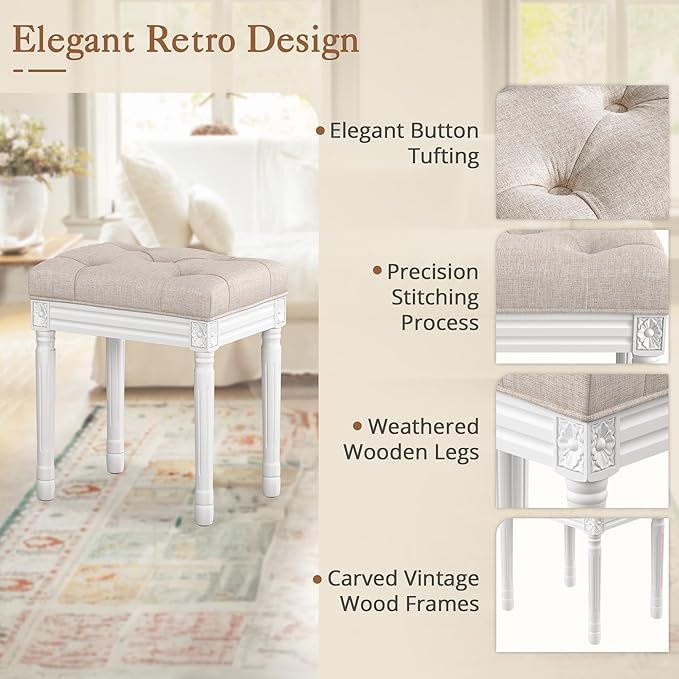 LUE BONA Upholstered Fabric Vanity Bench Seat, Makeup Stools for Vanity, Square Tufted Ottoman Bench with Carved White Legs for Bedroom Living Room, Linen Color
