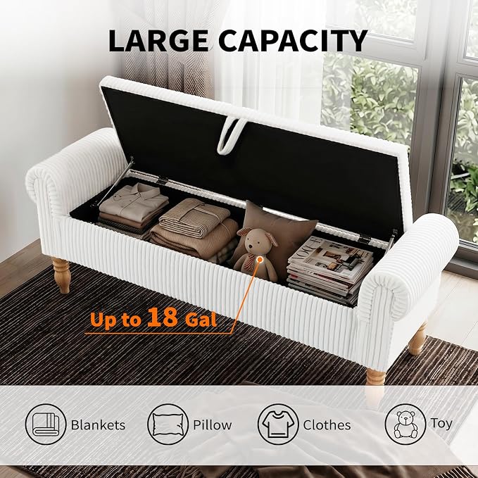 Storage Bench for Bedroom, 60" End of Bed Bench Premium Linen Upholstered Storage Ottoman, Entryway, Closet, White