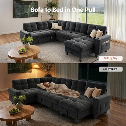 AMADA HOMEFURNISHING 110'' Modular Sectional Sleeper Sofa with Pull Out Couch, U Shaped 7 Seat Sectional Sofa with Storage, USB Ports & Cup Holders, Chenille Cloud Couches for Living Room, Dark Grey