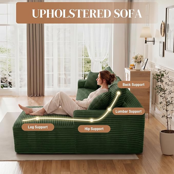 108" L Shaped Cloud Boneless Sectional Couches for Living Room, Modern Comfy Modular Deep Seat Memory Foam Compressed Corduroy Sofa Oversized Right Facing Chaise, No Assembly Required, Green