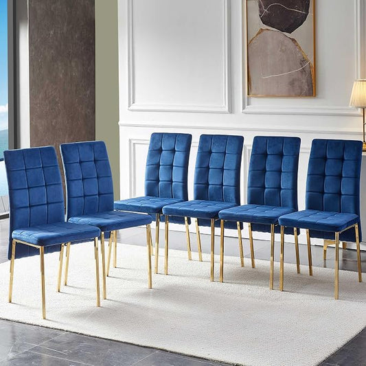 NORDICANA Upholstered Velvet Dining Chairs for 6, Classic High Back Kitchen Chairs Set of 6, Tufted Side Chairs, Golden Color Metal Legs, Navy Blue