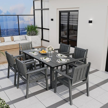 Pamapic 7 PCS Outdoor Dining Set, Spacious HDPE Outdoor Table and Chairs, Wood Grain Patio Furniture Sets with Elegant Armrest, All-Weather Outdoor Furniture with Umbrella Hole, Gray