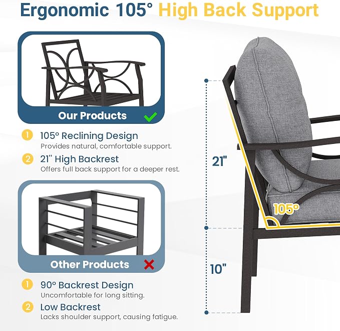 RoyalCraft Outdoor Patio Furniture Set, 3 Pieces Metal Patio Conversation Set with Side Table for Porch Garden Backyard, Grey