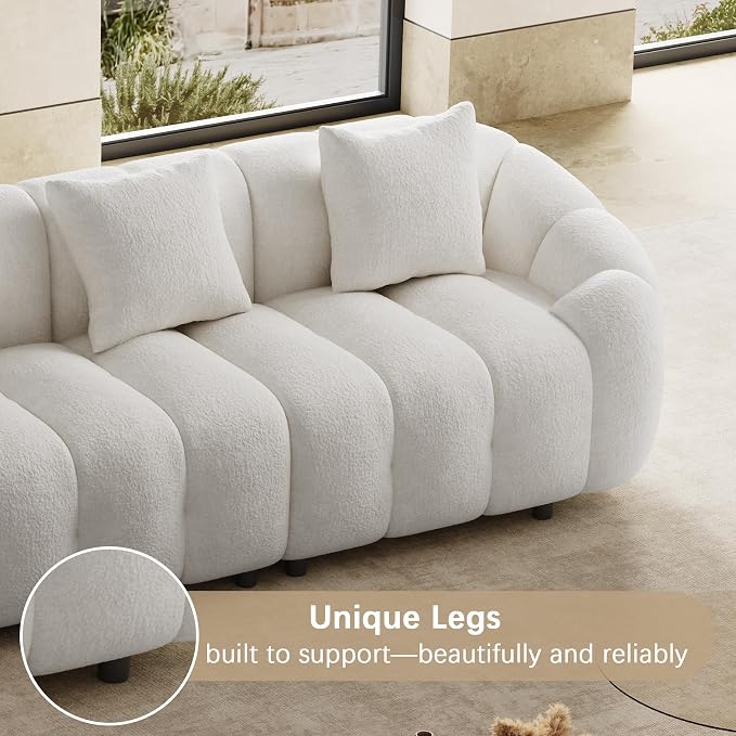 124" Oversized Minimalistic Boucle Sofa for Living Room, Luxury Plush Extra Deep Seat Sectional Sofa, Modern Comfy Curved Cloud Couch, Upholstered 5-Seater Chenille Couches, Beige White
