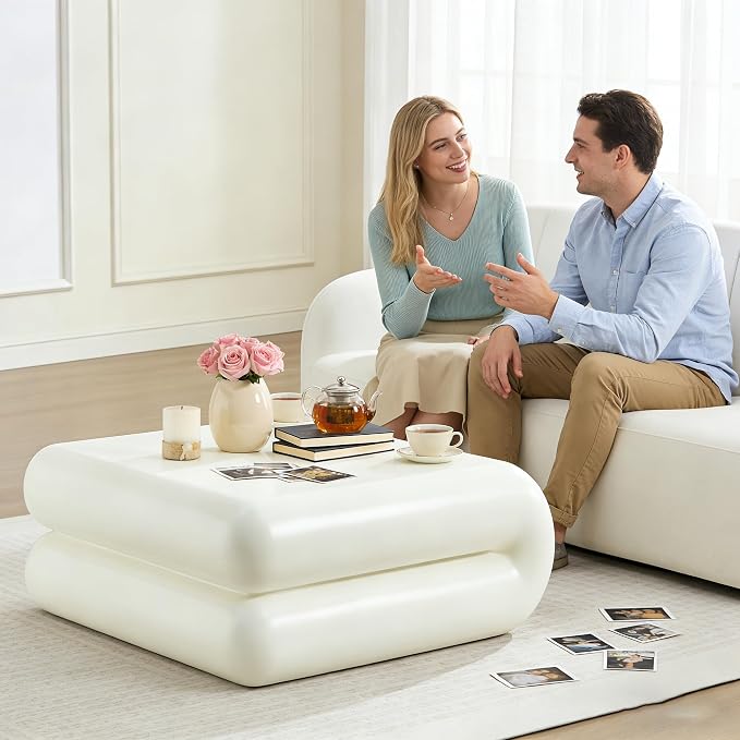 31.5" Modern White Coffee Table, Stone Coffee Table, Square Minimalist Center Table, Contemporary Low Sofa Side Accent End Tea Table for Living Room Bedroom Apartment, No Assembly Required