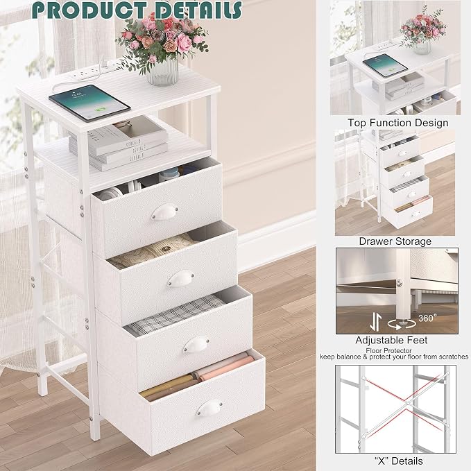 sthmec Nightstand with Charging Station,LED White Nightstand with 4 Fabric Drawers PU Finish, Bedside End Tables, 2-Tier Open Storage Shelf Side Table Nightstand with Drawers for Bedroom,White