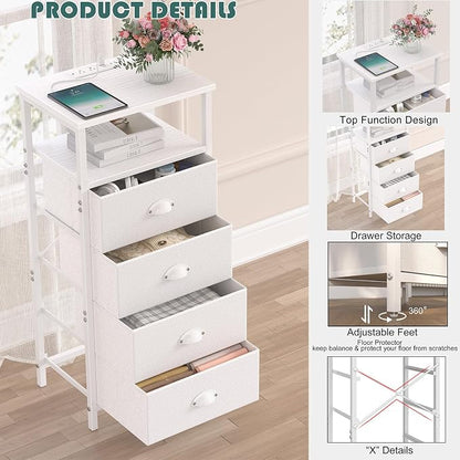 sthmec Nightstand with Charging Station,LED White Nightstand with 4 Fabric Drawers PU Finish, Bedside End Tables, 2-Tier Open Storage Shelf Side Table Nightstand with Drawers for Bedroom,White