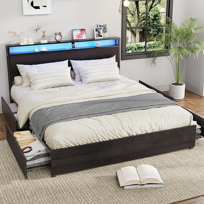 Kiivakii King Size Bed Frame with 4 Storage Drawers, LED Platform Bed with Headboard, Built in Charging Station, Noise-Free, Metal Support Base, No Box Spring Needed, Black