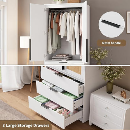 Garvee 70" Wardrobe Armoire Wooden Closet with 2 Doors and 3 Drawers, Bedroom Armoire with Hanging Rod Shelf, Large Capacity Storage Wardrobe Armoire, Freestanding Wooden Closet Storage Cabinet
