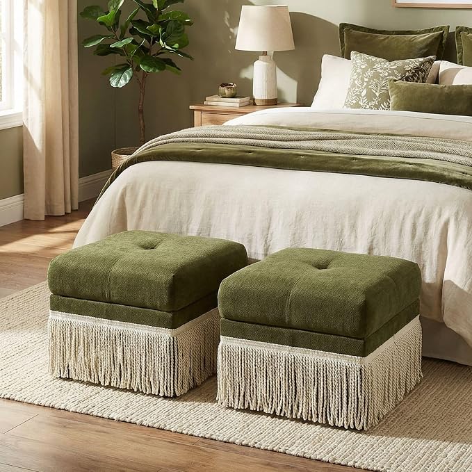 Hyfirm 22 Inch Square Green Ottoman with Fringe for Living Room, Plush Footstool Ottoman for for Bedroom, Modern Boho Upholstered Accent Pouf Ottomans Foot Rest