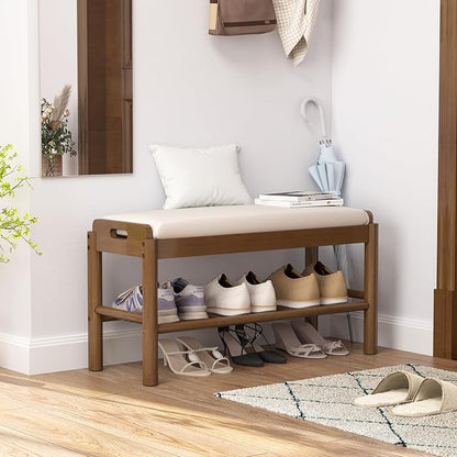 Entryway Shoe Storage Bench, 2-Tier Wood Shoe Rack with Cushion, Padded Seat Entryway Organizer with Shelf & Hidden Storage for Entry, Hallway, Living Room, Bedroom, Closet (Walnut, 31.5")