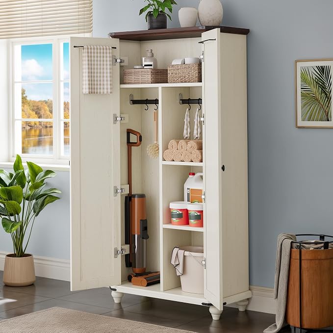 DWVO 4-Tier Storage Cabinet with 2 Shutter Doors, Farmhouse Kitchen Pantry Cabinet with Adjustable Shelves, Wooden Cabinet for Kitchen, Dining Room, Living Room, Office, Rustic White