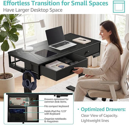 KLUVIS Black Adjustable Desk with Storage, 39 Inch Small Black Desk with Drawers, Small Space Stand Up Computer Desks for Home Office Bedroom, Sit Stand Work Desks for Walking Pad