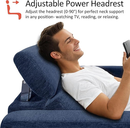 MCombo 88.6'' Reclining Sofa, Wall Hugger Power Recliner Sofa with Adjustable Headrest, USB A & C Charge Ports, Wood Legs, for Living Room (Fabric, HL198M3) (Navy Blue, 3-Seater)