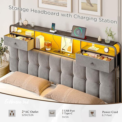 EnHomee King Size Bed Frame with 6 Storage Drawers and LED Lights,Bed Frame King Size with Velvet Upholstered Headboard and Charging Station,No Box Spring Needed,Noise-Free,Easy Assembly,Modern,Grey