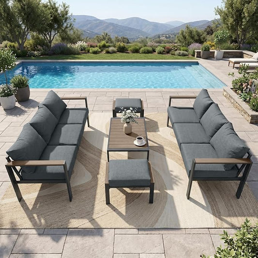 Patio Furniture Set 8 Seats and Coffee Table, Patio Conversation Set with Washable Thick Cushions, Deluxe Aluminum Modern Outside Sectional for Porch, Balcony, Deck, Yard, Light Gray