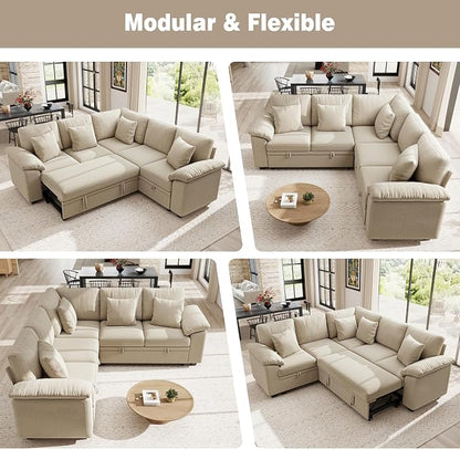 Ihanherry 86" Modular Sectional Sofa with Pull Out Bed, 5-Seater L Shaped Sectional Sleeper Couch with Storage, Chenille Convertible Couches for Living Room, Apartment (Sand)