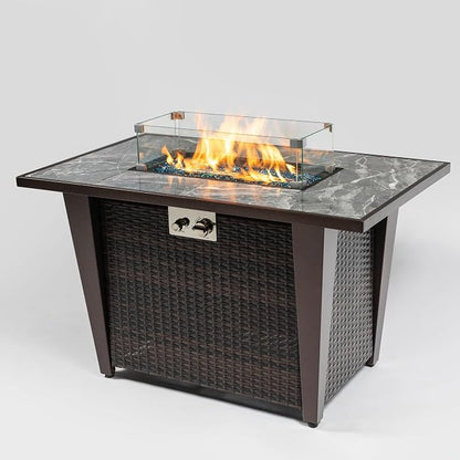 42" Propane Gas Fire Pit Table 50000 BTU Rectangular Outdoor Fire Pit with Ceramic Tile Tabletop Glass Wind Guard, Steel Patio Fire Table & PE Wicker Panel, Lid Rain Cover for Backyard Garden, Gray