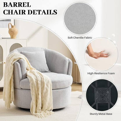Swivel Accent Chair, Widened Round Barrel Chair with Pillow | Wide Padded Seat, Upholstered Chenille, Silent 360° Swivel Barrel Armchair for Living Room Bedroom Reading Nook, Light Gray