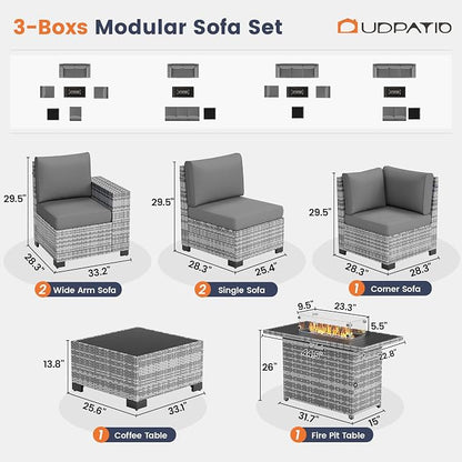 UDPATIO Patio Sectional Sofa with Fire Pit Table, 8 Inch Armrest 7-Piece Wicker Conversation with Waterproof Cover for Backyard Deck, Grey/Dark Grey