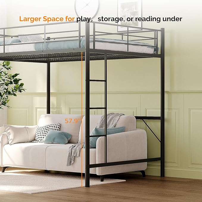 VINGLI Full Size Loft Bed Kids Loft with 2 Stairs Design,Space-Saving Double Bed for Teens, Adults, Heavy Duty Metal Square Slat, No Box Spring Needed,Black