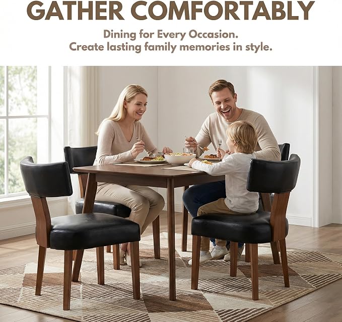 HNY Century Modern Dining Chairs Set of 6, Farmhouse PU Leather Upholstered Accent Chair Curved Backrest Kitchen Chairs, with Hardwood Frame, Black 6PC