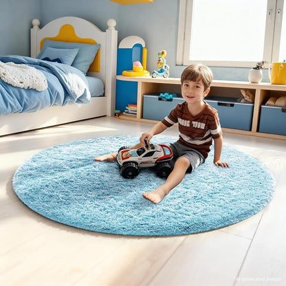 Ophanie Round Rug 4Ft Light Blue Circle Area Rugs, Fluffy Fuzzy Small Bedroom Carpet 4 Foot, Plush Shag Floor Living Room Christmas Circular Aesthetic Home Decor for Kids Teen Boys Baby, Nursery