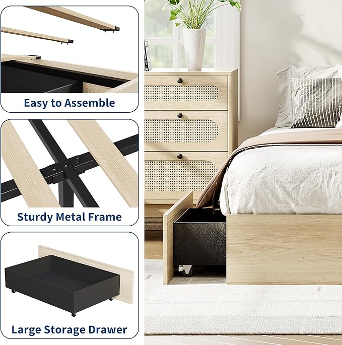 Garvee California King Bed Frame with 2 Storage Drawers, Wood Platform Floor Bed Frame Without Headboard, Wood Slat Support, No Box Spring Needed, Easy Assembly
