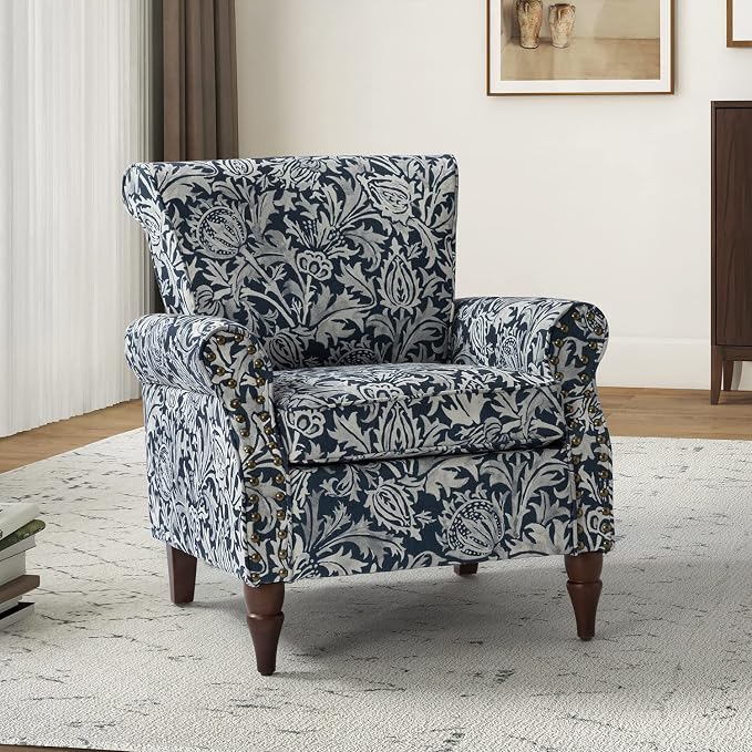 HULALA HOME Modern Wingback Accent Chair with Wood Legs & Removable Cushion, Comfy Upholstered Armchair with Nailhead Trim, Floral Pattern Single Sofa Chair for Living Room Bedroom, Navy