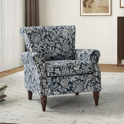 HULALA HOME Modern Wingback Accent Chair with Wood Legs & Removable Cushion, Comfy Upholstered Armchair with Nailhead Trim, Floral Pattern Single Sofa Chair for Living Room Bedroom, Navy