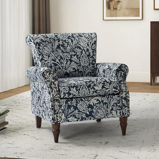 HULALA HOME Modern Wingback Accent Chair with Wood Legs & Removable Cushion, Comfy Upholstered Armchair with Nailhead Trim, Floral Pattern Single Sofa Chair for Living Room Bedroom, Navy