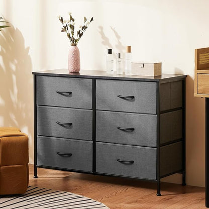 DUMOS Bedroom Dresser for Closet, Fabric Dresser, Chest of 6 Drawers | Storage Organizer, Small Space TV Stand for Living Room, Anti-tip and Wooden Top, Home Furniture, Grey