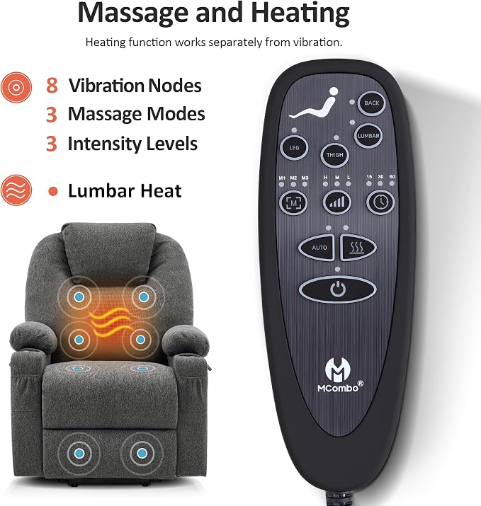 MCombo Small Power Lift Recliner Chair for Elderly, Petite Power Lift Chair with Heat and Massage for Seniors, Cup Holders, USB & Type C Ports, Fabric 7141 (Grey)