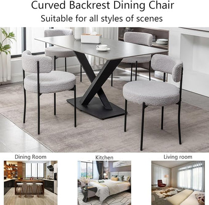 Cinxzar Boucle Dining Chairs Set of 4, Upholstered Dining Room Chairs with Black Metal Legs, Round Modern Dining Chair for Dining Room, Kitchen (Light Grey)