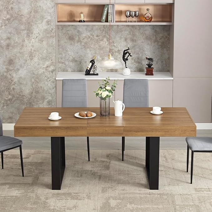 STHOUYN 63”-79” Extendable Dining Room Table, Modern Farmhouse Wooden Kitchen Table, Long Expandable Dining Table for 6 8 10, Large Expanding Tables Conference Tables (Walnut Brown)