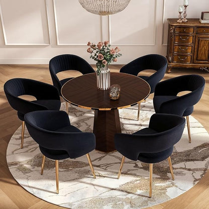 Hyfirm Black Velvet Dining Chairs Set of 6, Modern Side Chairs with Hollow Back and Gold Legs, Upholstered Accent Kitchen Chairs for Living Room/Reception/Restaurant