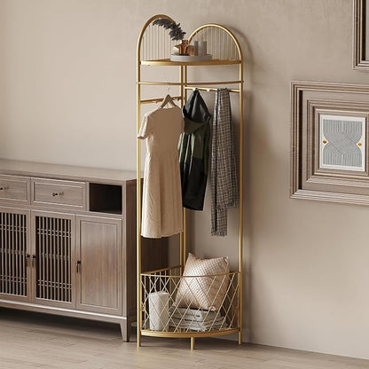 HKaikzo Corner Coat Rack, Gold Clothes Rack with 6 Metal Movable Hooks and Storage Basket Hall Tree Design Clothing Rack for Bedroom Entryway Hallway