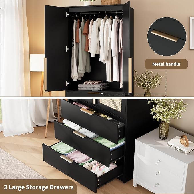 Garvee 70" Wardrobe Armoire Wooden Closet with 2 Doors and 3 Drawers, Bedroom Armoire with Hanging Rod Shelf, Large Capacity Storage Wardrobe Armoire, Freestanding Wooden Closet Storage Cabinet