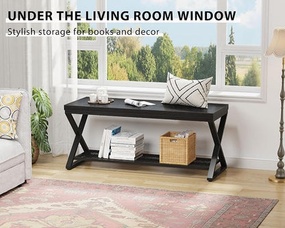 LVB Black Entryway Bench with Storage, Indoor Shoe Bench with Seating for Hallway, Accent Storage Bench for Living Room Bedroom, Simple Small Shoe Rack Benchs for Foyer Entrance, Black Oak, 39 inch