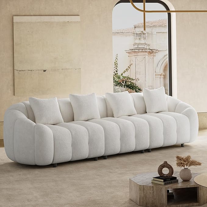 124" Oversized Minimalistic Boucle Sofa for Living Room, Luxury Plush Extra Deep Seat Sectional Sofa, Modern Comfy Curved Cloud Couch, Upholstered 5-Seater Chenille Couches, Beige White