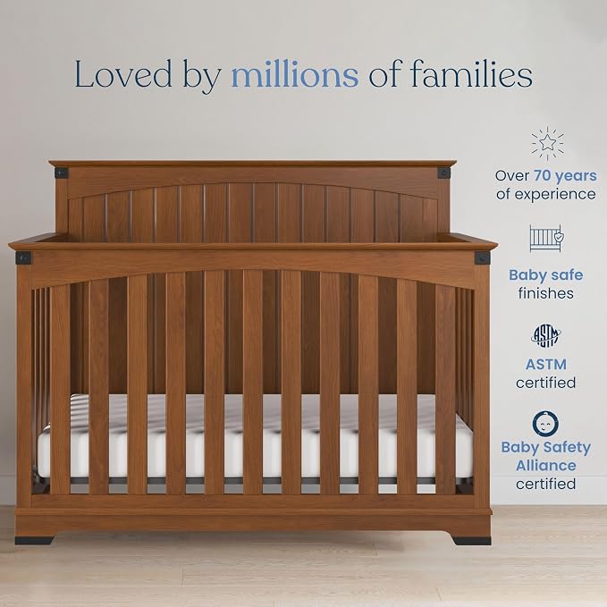 Child Craft Redmond 4-in-1 Convertible Baby Crib, Wood Nursery Furniture Converts to Toddler Bed, Daybed & Full Bed, Adjustable Mattress Heights, Rustic Style, Non-Toxic Baby Safe Finish, Coach Cherry