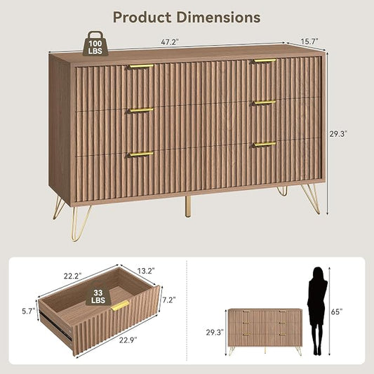 Fluted 6 Drawers Dresser for Bedroom, Wood Dressers with Scratch-Proof Golden Handles, Natural Curved Profile, Modern Double Chest for Living Room, Hallway, Entryway, Natural Oak