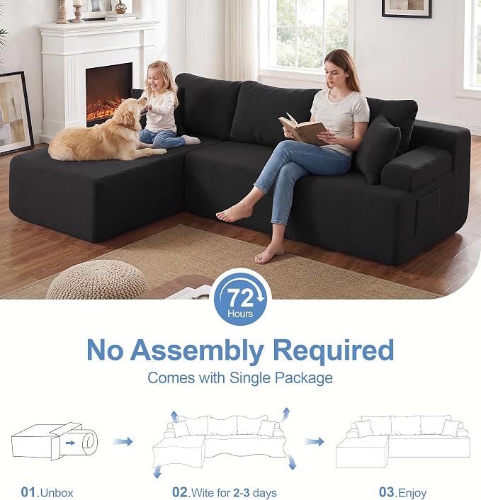 Hobestluk Modular Sectional Sofa Couches L-Shape Couch 3 Seat Modular Sofa Memory Foam Sectional Couches for Living Room, Cloud Couch with Oversized Chaise (Black Smooth, 96", Left Hand Facing)