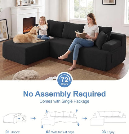 Hobestluk Modular Sectional Sofa Couches L-Shape Couch 3 Seat Modular Sofa Memory Foam Sectional Couches for Living Room, Cloud Couch with Oversized Chaise (Black Smooth, 96", Left Hand Facing)