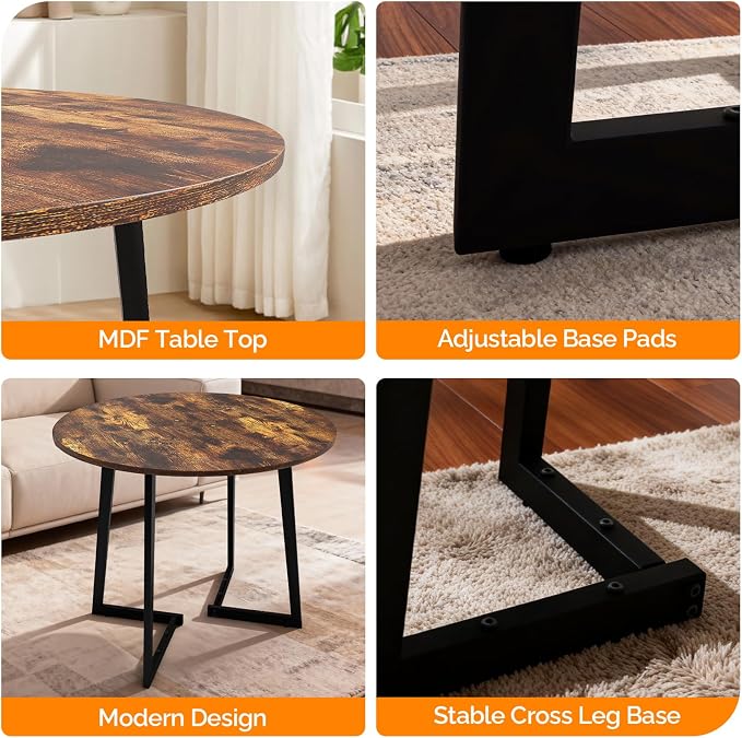 VINGLI Round Dining Table for 2-4, 35in Modern Dining Room Table with Cross Leg, Rustic Brown Wooden Kitchen Table, Space-Saving, Small Space Circle Dinette for Home, Kitchen, Apartment