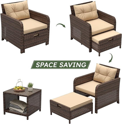 LHBcraft Balcony Furniture 5 Piece Wicker Patio Furniture Set, Outdoor Hand-Woven Rattan Lounge Chairs with Tempered Glass Coffee Table, Ottomans & Soft Cushions for Front Porch, Garden, Brown