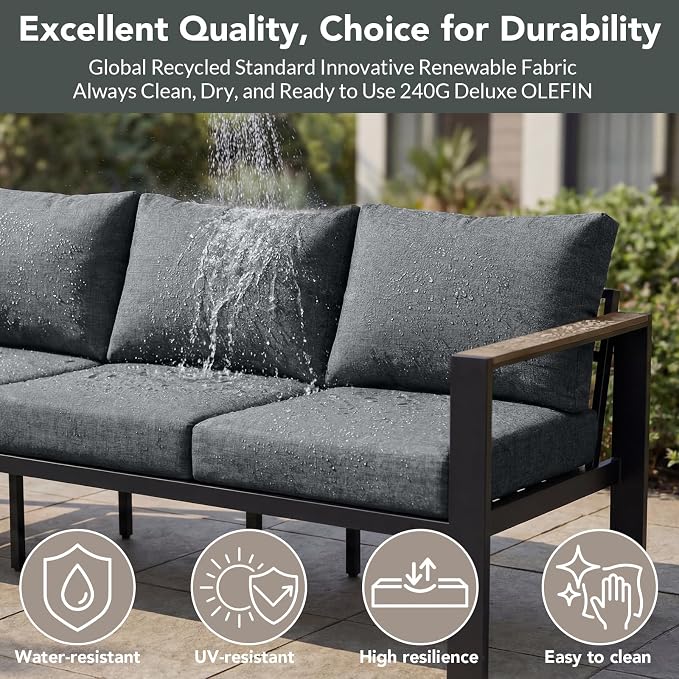 Patio Furniture Set 3 Seats Sofa and Coffee Table All-Weather Patio Sofa with Washable Thick Cushions, Deluxe Aluminum Modern Outside Sectional for Porch, Balcony, Deck, Yard, Light Gray