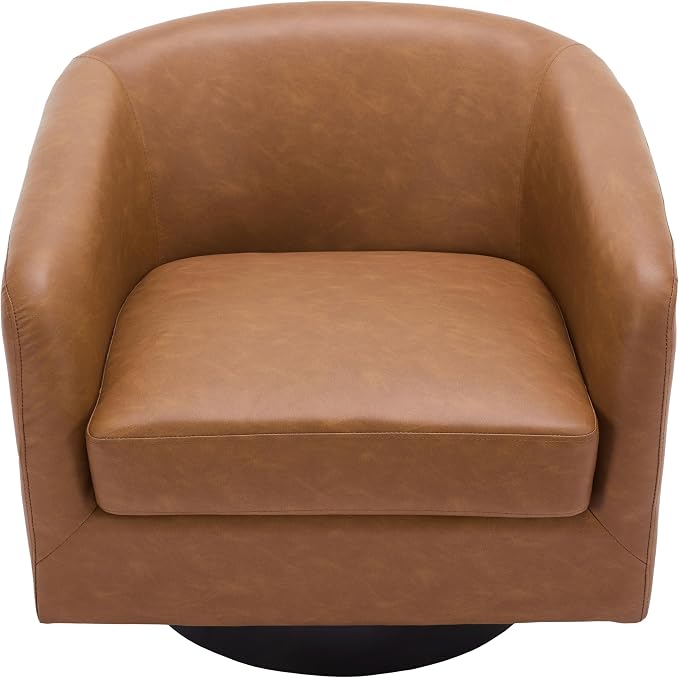 360° Swivel Barrel Accent Chair Armchair, PU Leather Round Club Arm Chair for Lving Room, Modern Upholstered Small Bedroom Single Sofa Seat - Brown, Set of 1