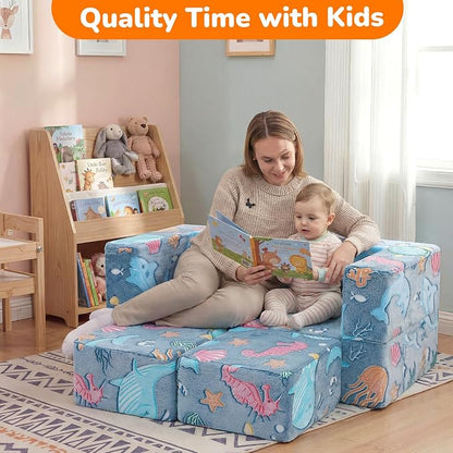 MeMoreCool Mermaid Glow-in-the-Dark Kids Play Couch, Denim Mermaid Modular Toddler Couch for Girls, Convertible Foam Sofa Bed for Playroom Bedroom, 220 lbs Capacity